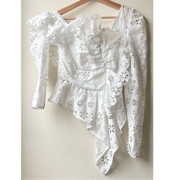 SELF-PORTRAIT White Asymmetric Floral Embroidered Eyelet Broderie Top Sz 0 - Picture 5 of 16